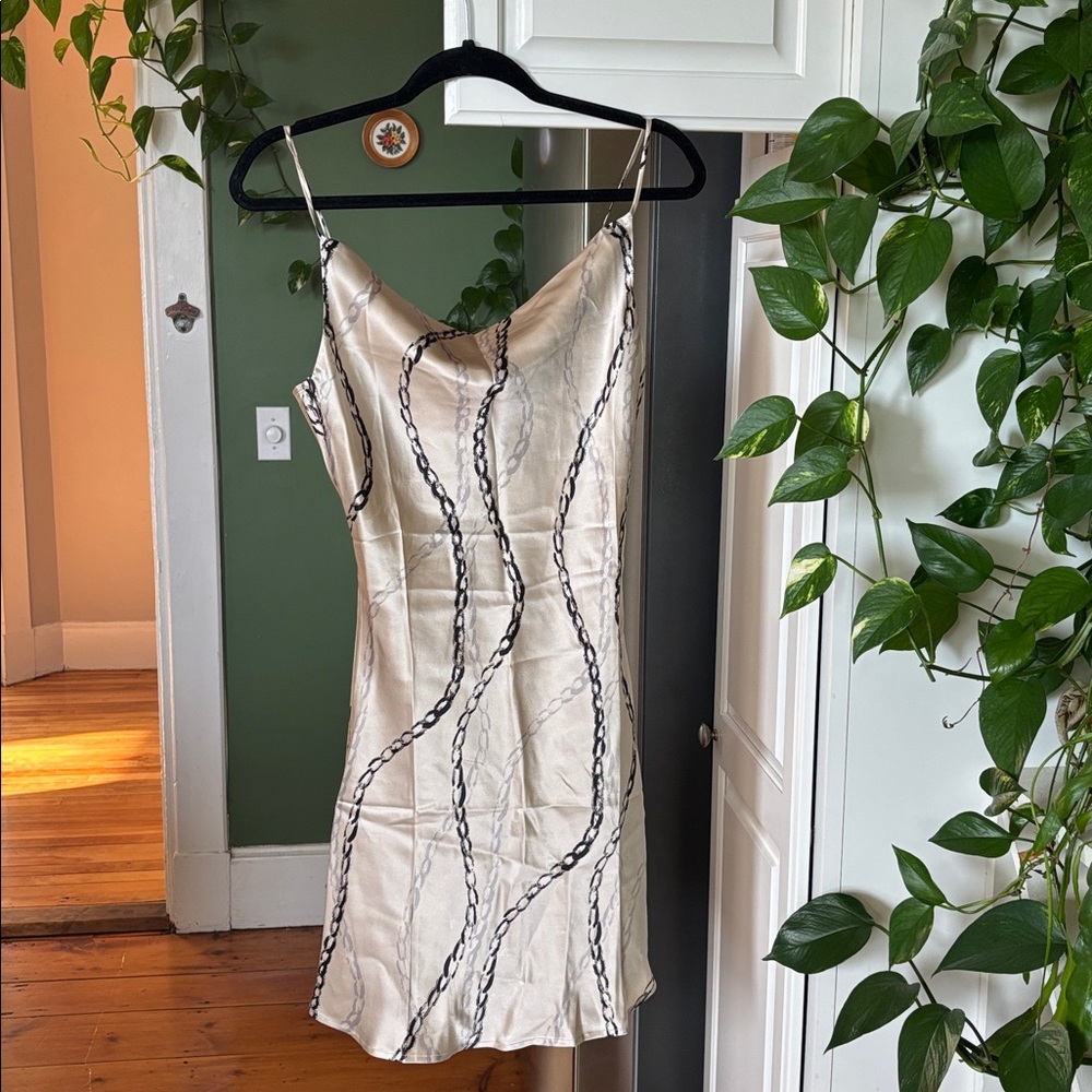 Silky Beige Chain-Print Short Cowl Dress